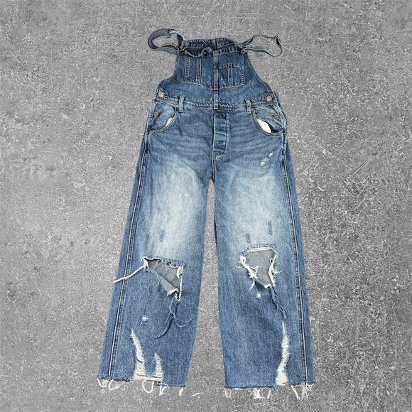 Free People Denim - We The Free Free People Distressed Wide Leg Denim Overalls Blue Medium Wash 27
